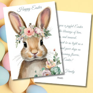 Festiva Tarjeta personalizada de Pascua con flores y conej