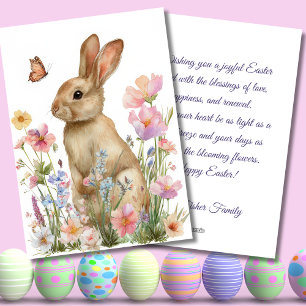 Festiva Tarjeta personalizada de Pascua con flores y conej