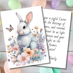 Festiva Tarjeta personalizada de Pascua con flores y conej