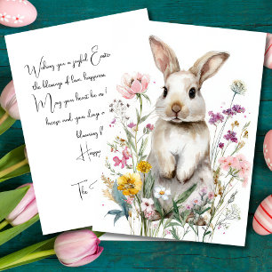 Festiva Tarjeta personalizada de Pascua con flores y conej