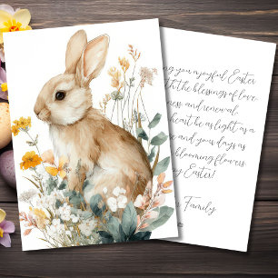 Festiva Tarjeta personalizada de Pascua con flores y conej