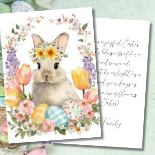 Festiva Tarjeta personalizada de Pascua con flores y conej