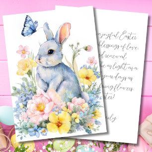 Festiva Tarjeta personalizada de Pascua con flores y conej