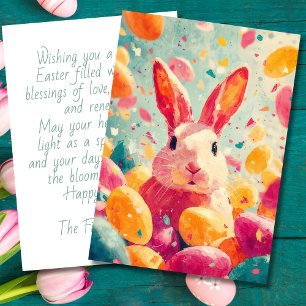 Festiva Tarjeta personalizada de Pascua con flores y conej