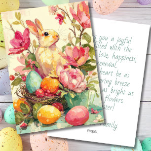 Festiva Tarjeta personalizada de Pascua con flores y conej