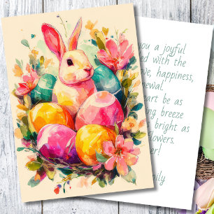 Festiva Tarjeta personalizada de Pascua con flores y conej