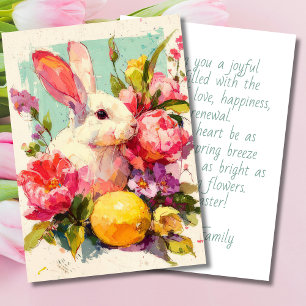 Festiva Tarjeta personalizada de Pascua con flores y conej