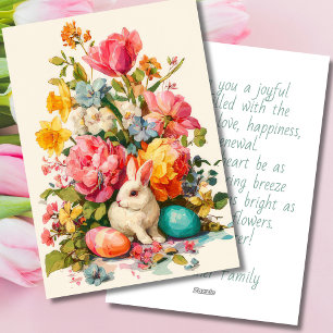 Festiva Tarjeta personalizada de Pascua con flores y conej