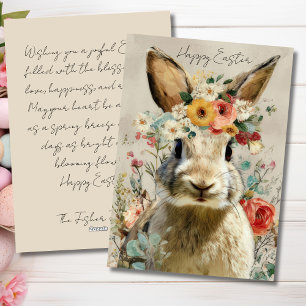 Festiva Tarjeta personalizada de Pascua con flores y conej