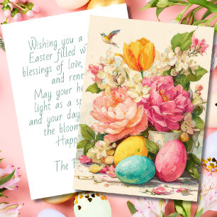 Festiva Tarjeta personalizada de Pascua con flores y huevo
