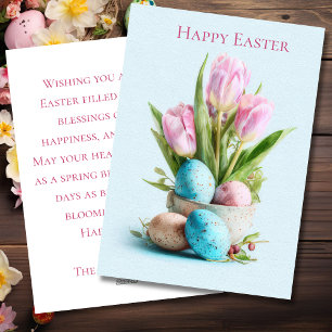 Festiva Tarjeta personalizada de Pascua con flores y huevo