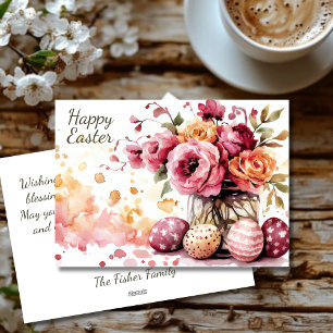 Festiva Tarjeta personalizada de Pascua con huevos y flore