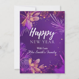 Festiva Tarjeta plana de año nuevo feliz con flor púrpura