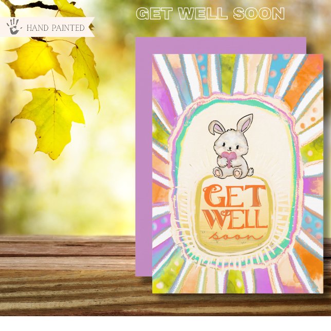 Festiva Tarjeta plana de conejo con explosión de sol capri (Whimsical Sunburst Bunny Get Well Soon Flat Card)