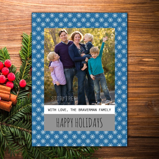 Festiva Tarjeta plana de fotos de vacaciones Blue Simple S (Blue Simple Snowflake Holiday Photo Card)