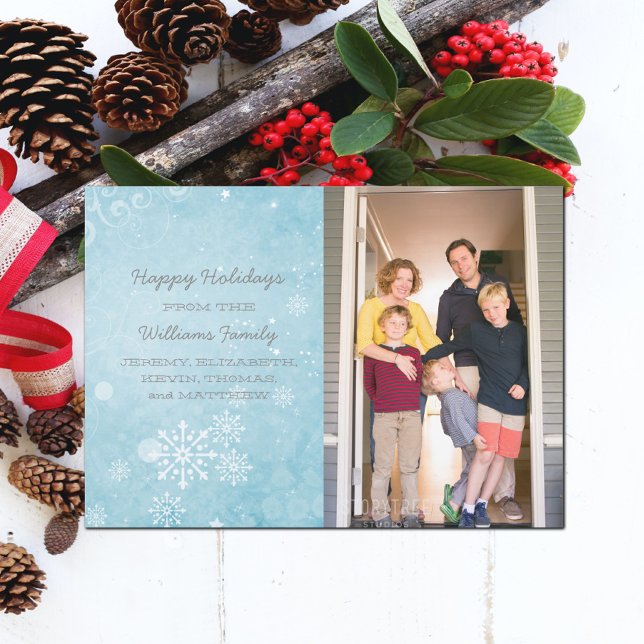 Festiva Tarjeta plana de fotos de vacaciones Blue Snowflak (Blue Snowflake Swirls Holiday Photo Card)