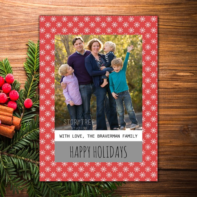 Festiva Tarjeta plana de fotos de vacaciones Red Simple Sn (Red Simple Snowflake Holiday Photo Card)