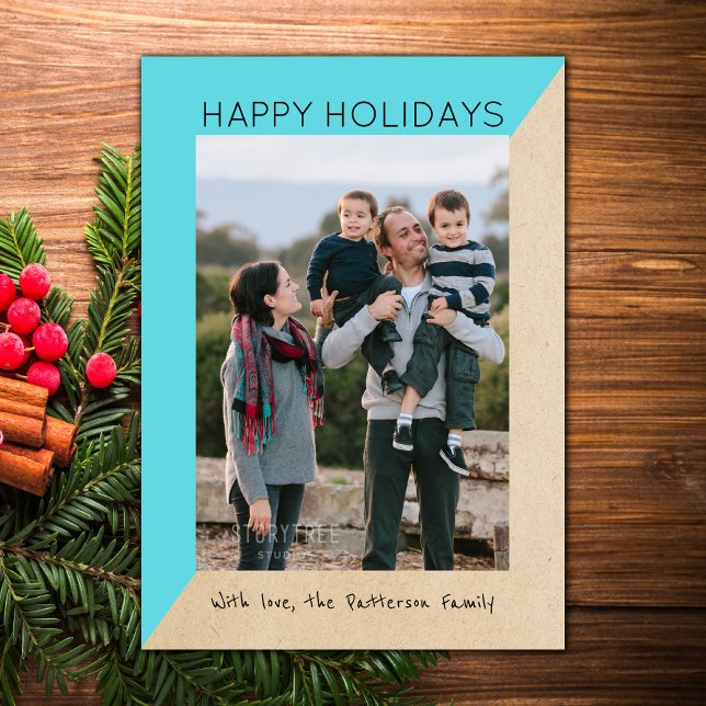 Festiva Tarjeta plana de fotos turquesa moderna de vacacio (Turquoise Modern Slant Holiday Photo Card)