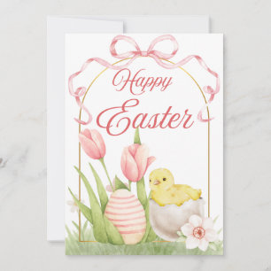 Festiva Tarjeta plana de Pascua de Chick y Tulipanes