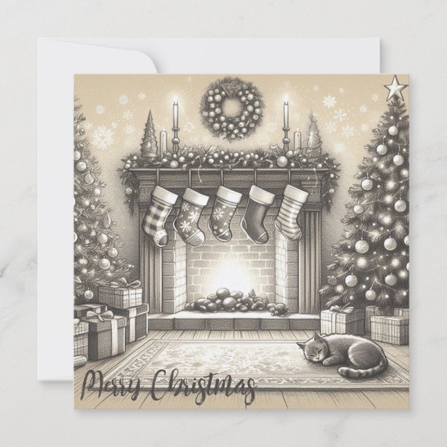 Festiva Tarjeta plana de sketch Kitty para Navidades acoge (Anverso)