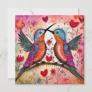 Festiva Tarjeta plana de vacaciones de pájaros y corazones