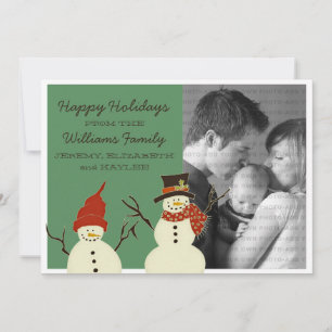 Festiva Tarjeta plana de vacaciones Snowman Duo, verde