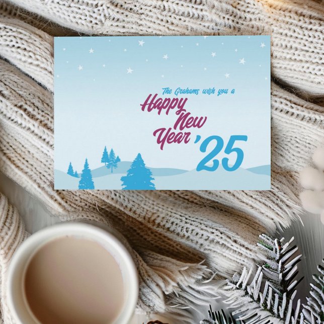 Festiva Tarjeta plana moderna de Feliz Año Nuevo sin foto (Illustrative Happy New Year flat greeting card with winter scenery of trees and stars.)