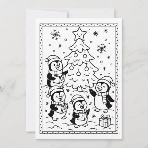 Festiva Tarjeta plana para colorear de pingüinos navideños