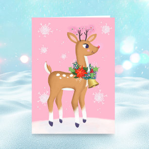 Festiva Tarjeta plegada de reno de Navidades rosados Retro