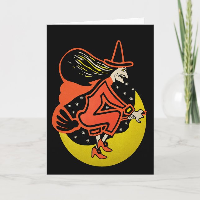 Festiva Tarjeta Retro de Bruja de Halloween (Anverso)