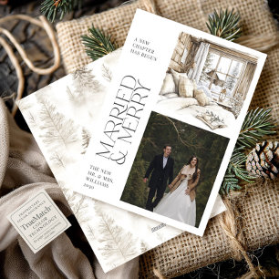Festiva Tarjeta Rustic Cabina Casada y Festividad de Merry