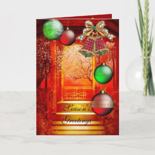 Festiva Tarjeta Saludos de Temporada Rojo Verde Campanas d