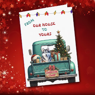Festiva Tarjeta Siberian Husky Dog Farm Truck Navidades