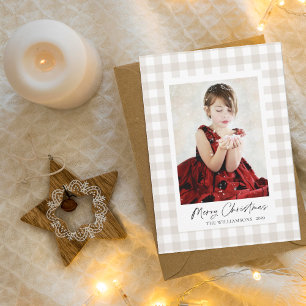 Festiva Tarjeta simple de Navidades Neutral Gingham Photo