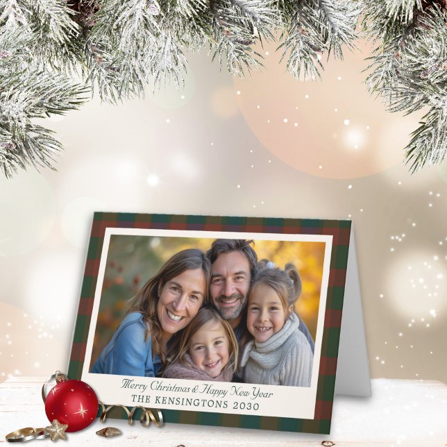 Festiva Tarjeta tradicional de Navidades plegados de plást (Traditional plaid/tartan folder Christmas photo card)