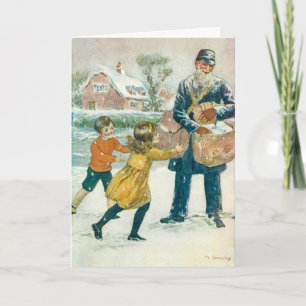Festiva Tarjeta Vintage de Navidad, Postman e hijos, Perso