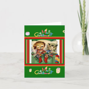 Festiva Tarjeta Vintage Navideña Gatitos Perro Adorable