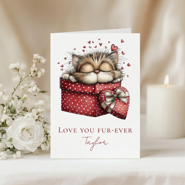 Festiva Te Amo Por Siempre Gatito Dulce Tarjeta De San Val (Love You Fur-Ever Cute Cat Valentine Folded Card on a table with white flowers)