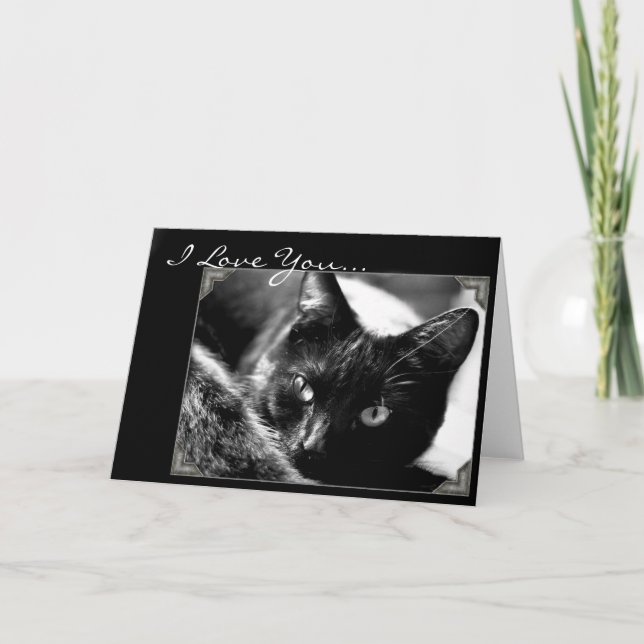 Festiva Te amo tarjeta de saludo de gato negro (Anverso)