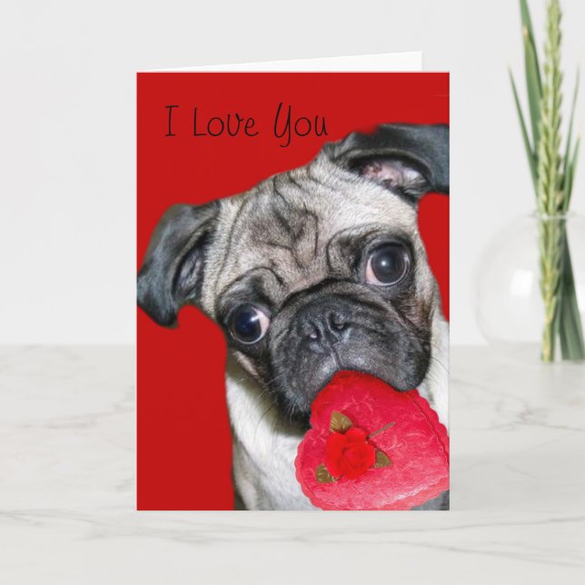Festiva Te amo tarjeta de saludo pug (Anverso)