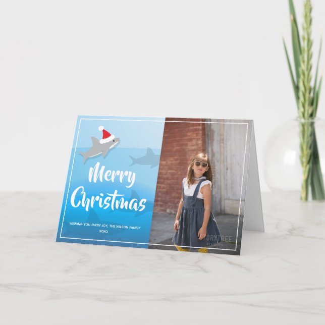 Festiva Tiburón en Santa Hat Navidades doblado tarjeta de  (Anverso)