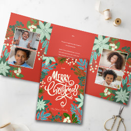 Festiva Tríptica Moderna Tarjeta de Navidad con Floral en Negrita