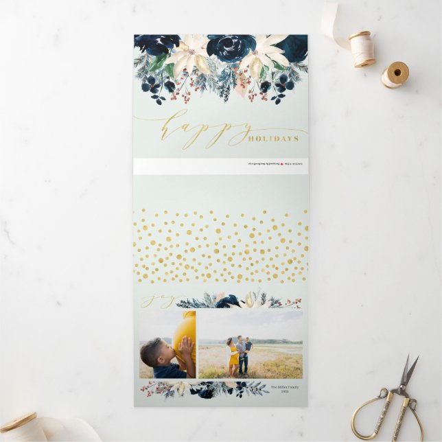 Festiva Tríptica Navidades de Alegría Azul y Oro Profundo Tarjeta d (Exterior)