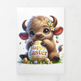 Festiva Tríptica Tarjeta Cuta De Pascua Con Búfalo