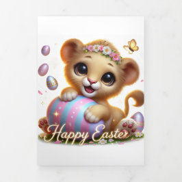 Festiva Tríptica Tarjeta Cuta De Pascua Con Cubo De León