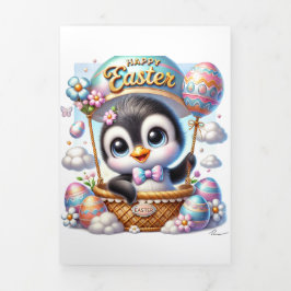 Festiva Tríptica Tarjeta Cuta De Pascua Con Pingüino