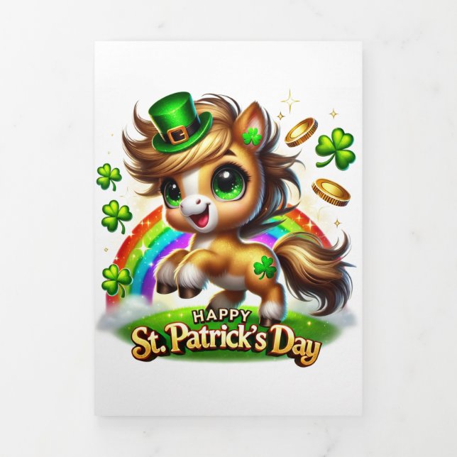 Festiva Tríptica Tarjeta Cute St Patrick's Day con caballo (Foto de portada)