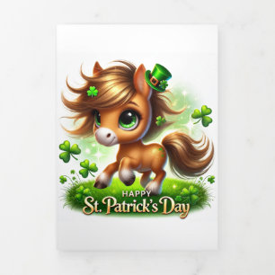 Festiva Tríptica Tarjeta Cute St Patrick's Day con caballo festivo