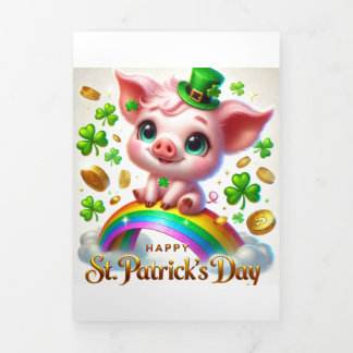 Festiva Tríptica Tarjeta Cute St Patrick's Day con cerdito festivo