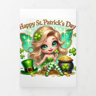 Festiva Tríptica Tarjeta Cute St Patrick's Day con Festive Fairy